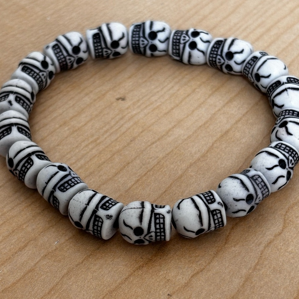 Halloween stretch bracelet/ black & white skeletons/ fits size 6 3/4 in wrist